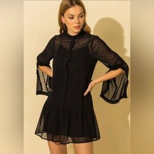 Long split sleeve Swiss dot frill dress size small